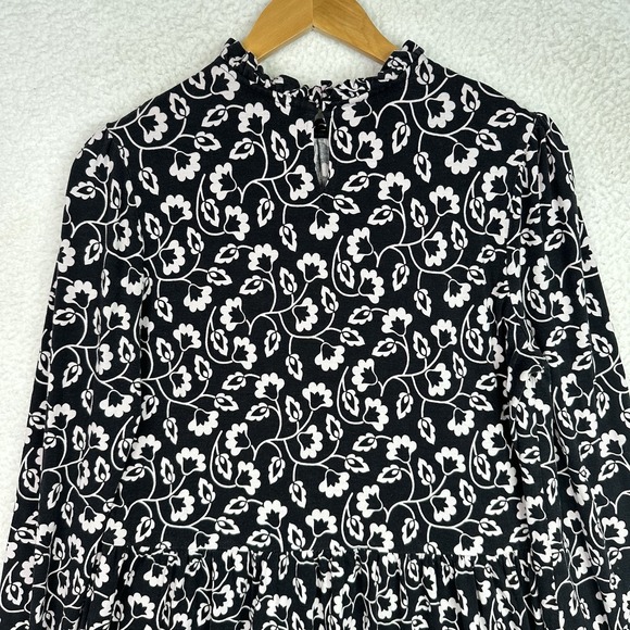 Boden Womens Black White Floral Dress Size 12R‎ Long Sleeve Ruffle Neck Boho - Picture 14 of 16